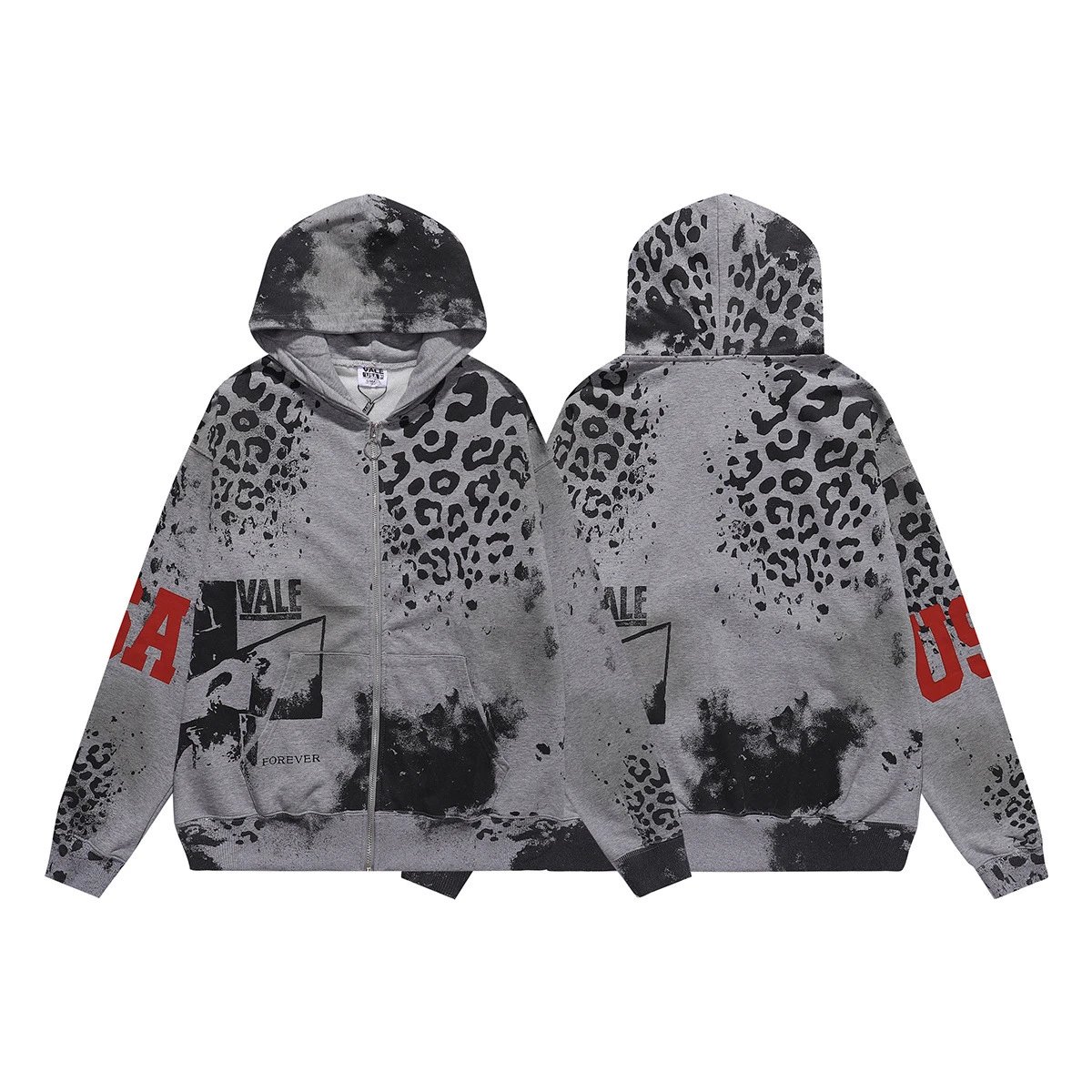 Gray Leopard Print Hooded Sweatshirt with Vintage Graphic Distressed Style