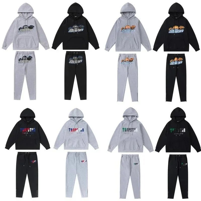 Trapstar Graphic Hooded Sweatshirt And Jogger Set Gray Black Streetwear