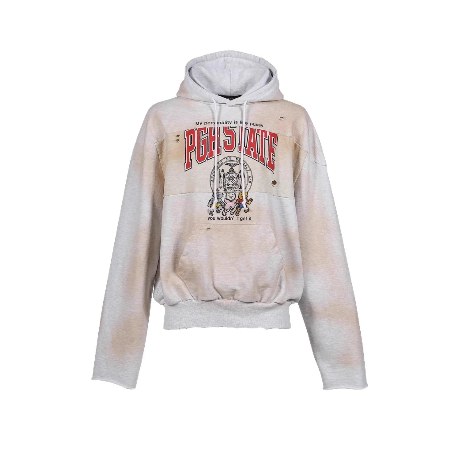 Oversized Graphic Print Beige Distressed Hoodie