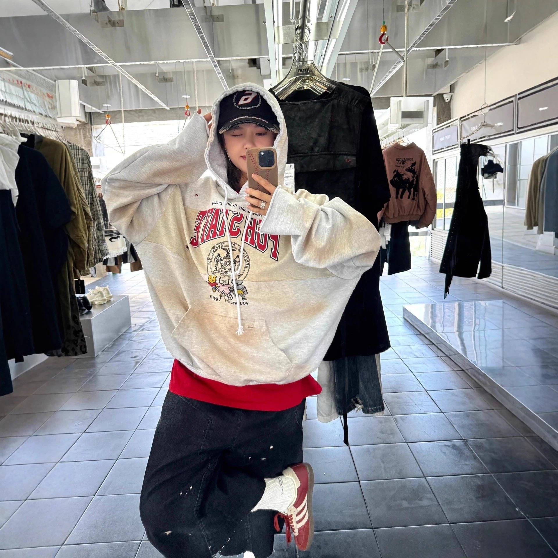 Oversized Graphic Print Beige Distressed Hoodie
