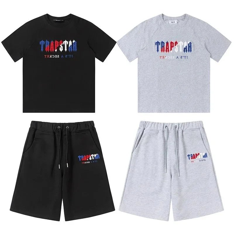 Trapstar Logo Print Black Heather Gray Casual Shorts Set