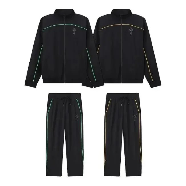 Black Track Jacket and Pants Set with Neon Green and Gold Trim Sportswear