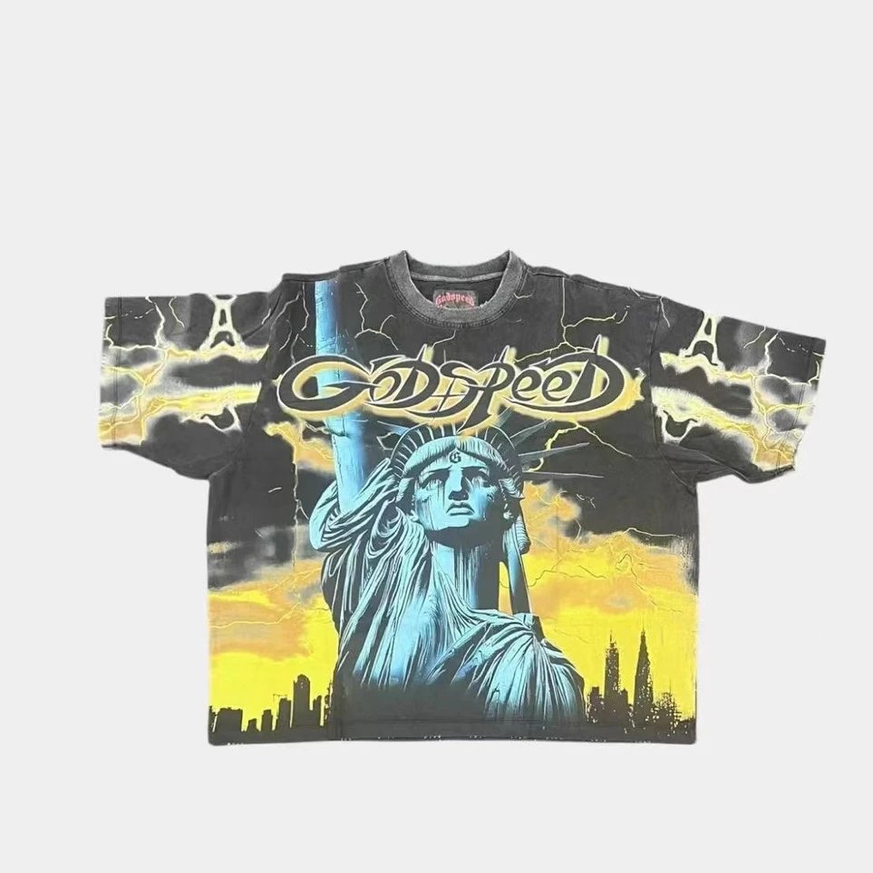 Godspeed Statue Of Liberty Graphic Tee Black Red Cyan Vintage Rock T-Shirt