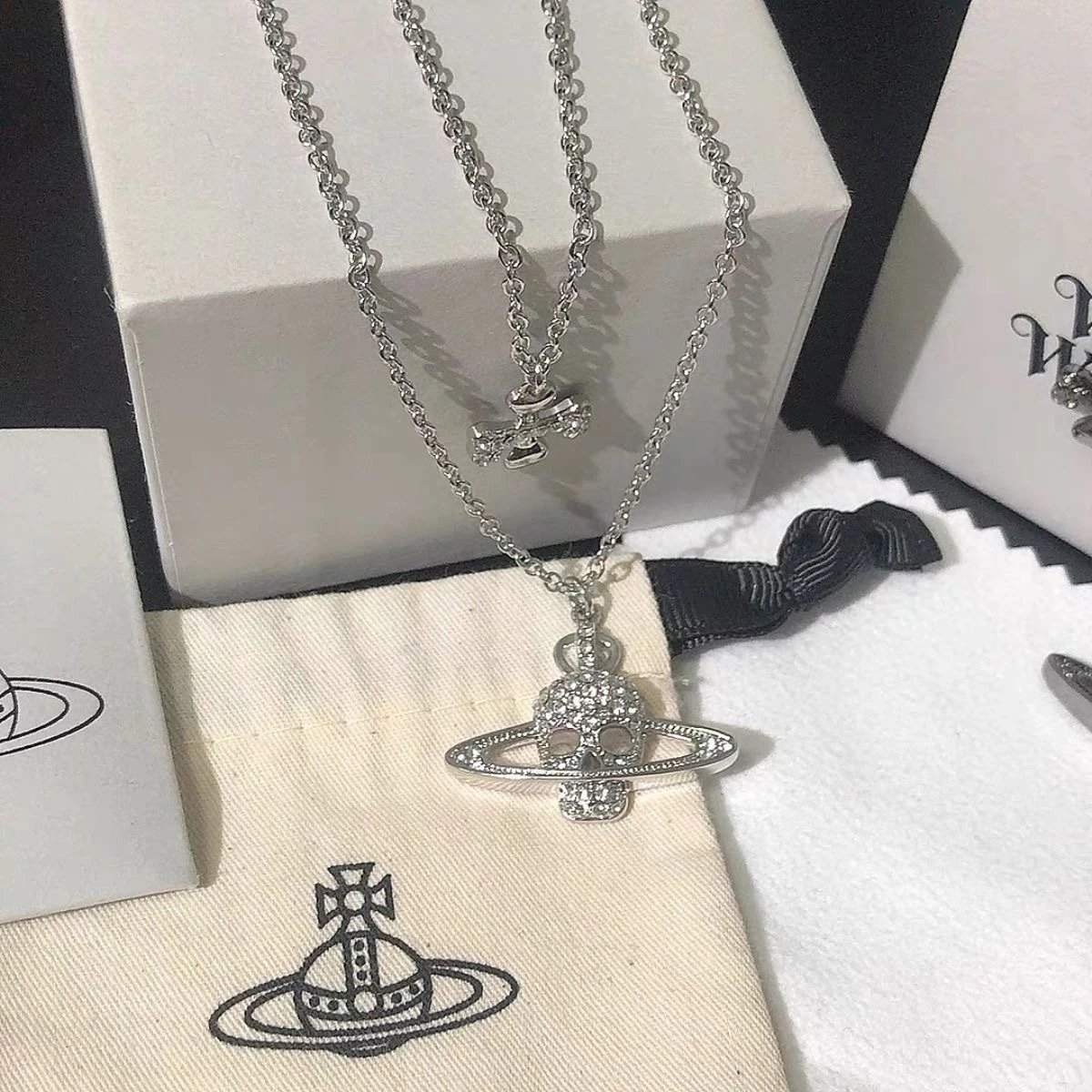 Vivienne Westwood Orb Silver Rhinestone Skull Pendant Necklace