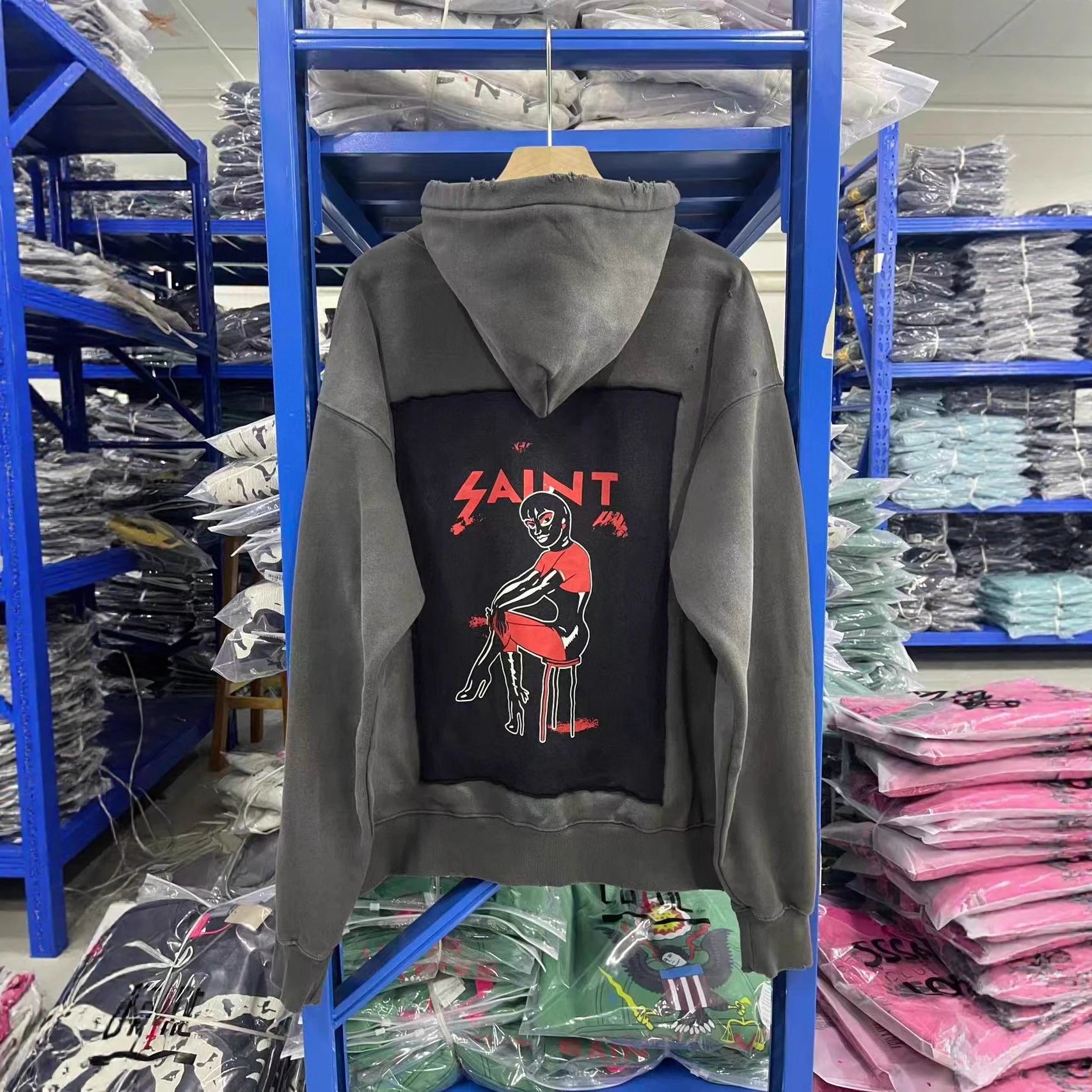 Saint Graphic Print Gray Distressed Hoodie