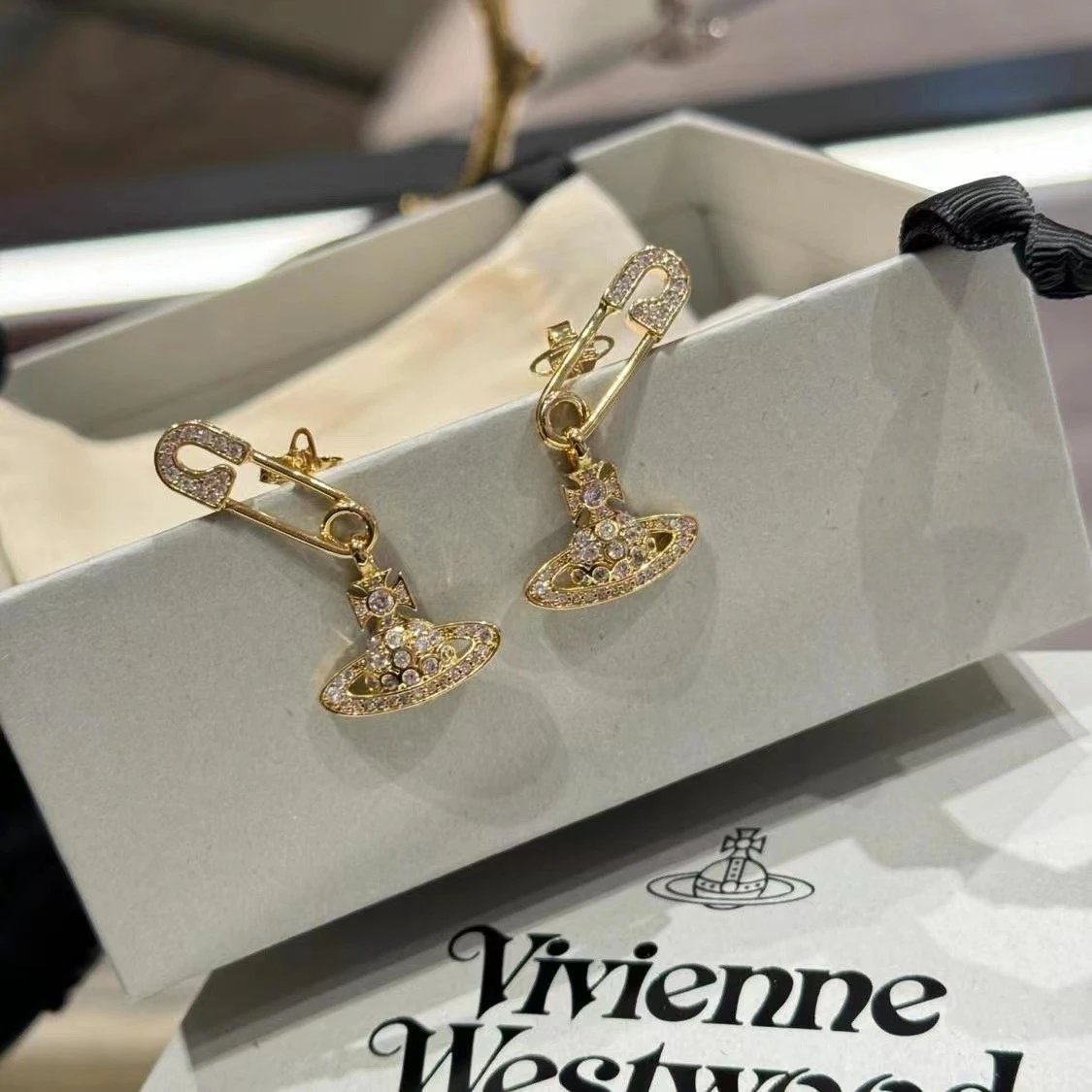 Vivienne Westwood Silver Crystal Safety Pin Orb Earrings