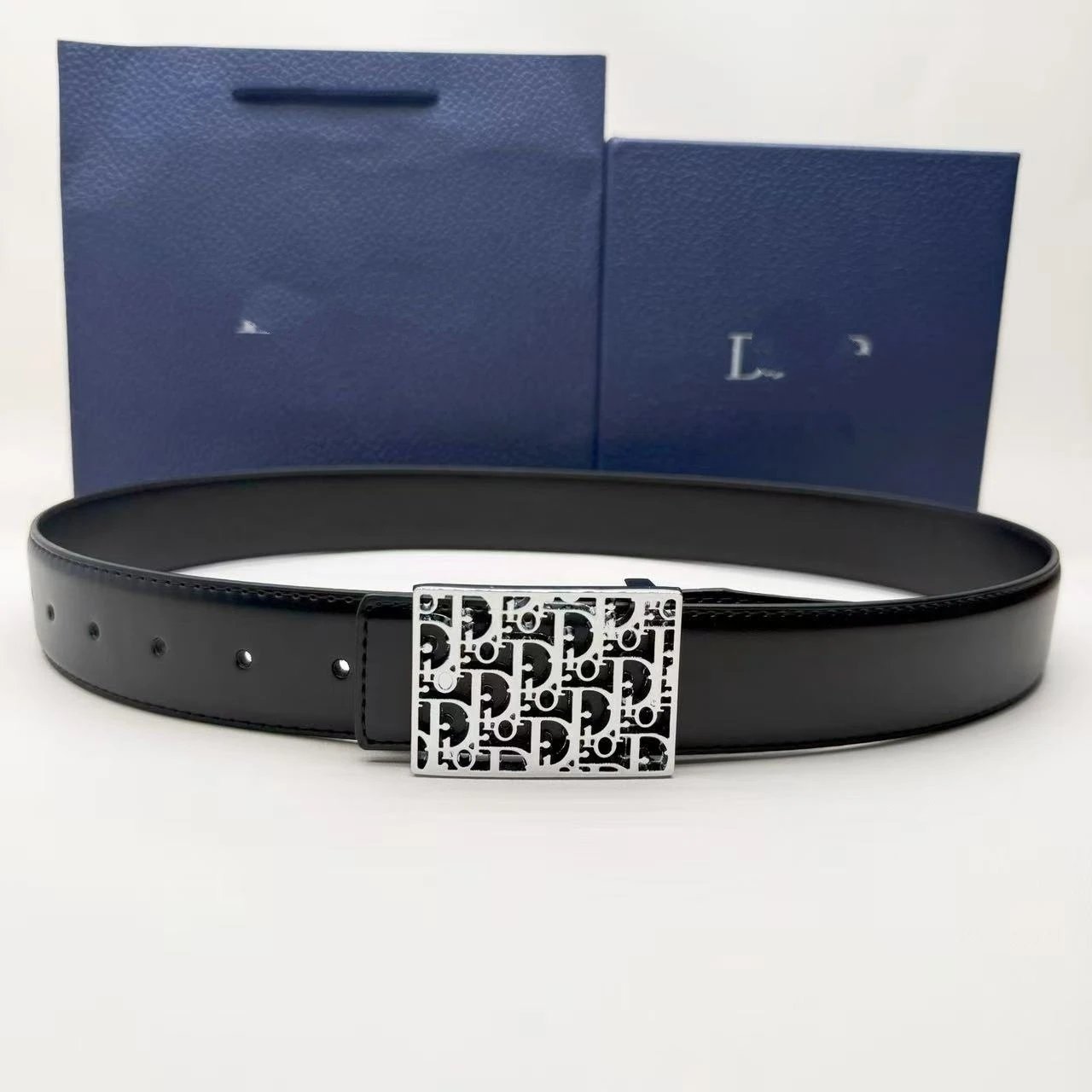 Unbranded Belts Black leather-look belt with rectangular monogram buckle — Plain weave 3.8 silver buckle
