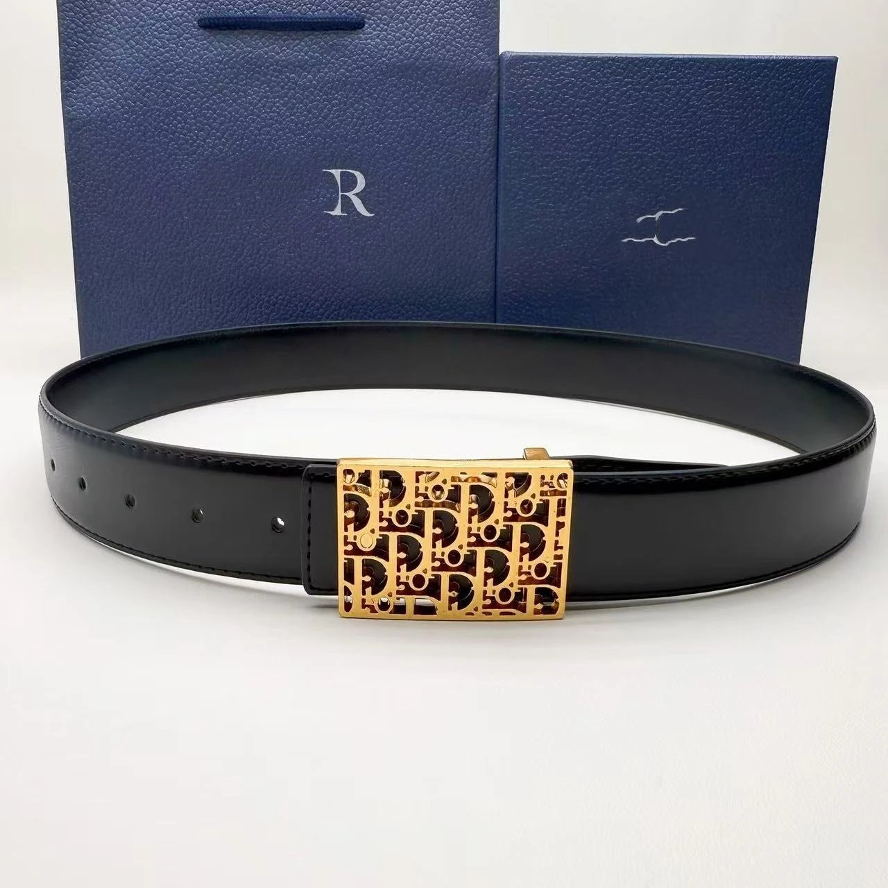 Unbranded Belts Black leather-look belt with rectangular monogram buckle — Plain weave 3.8+Ancient bronze