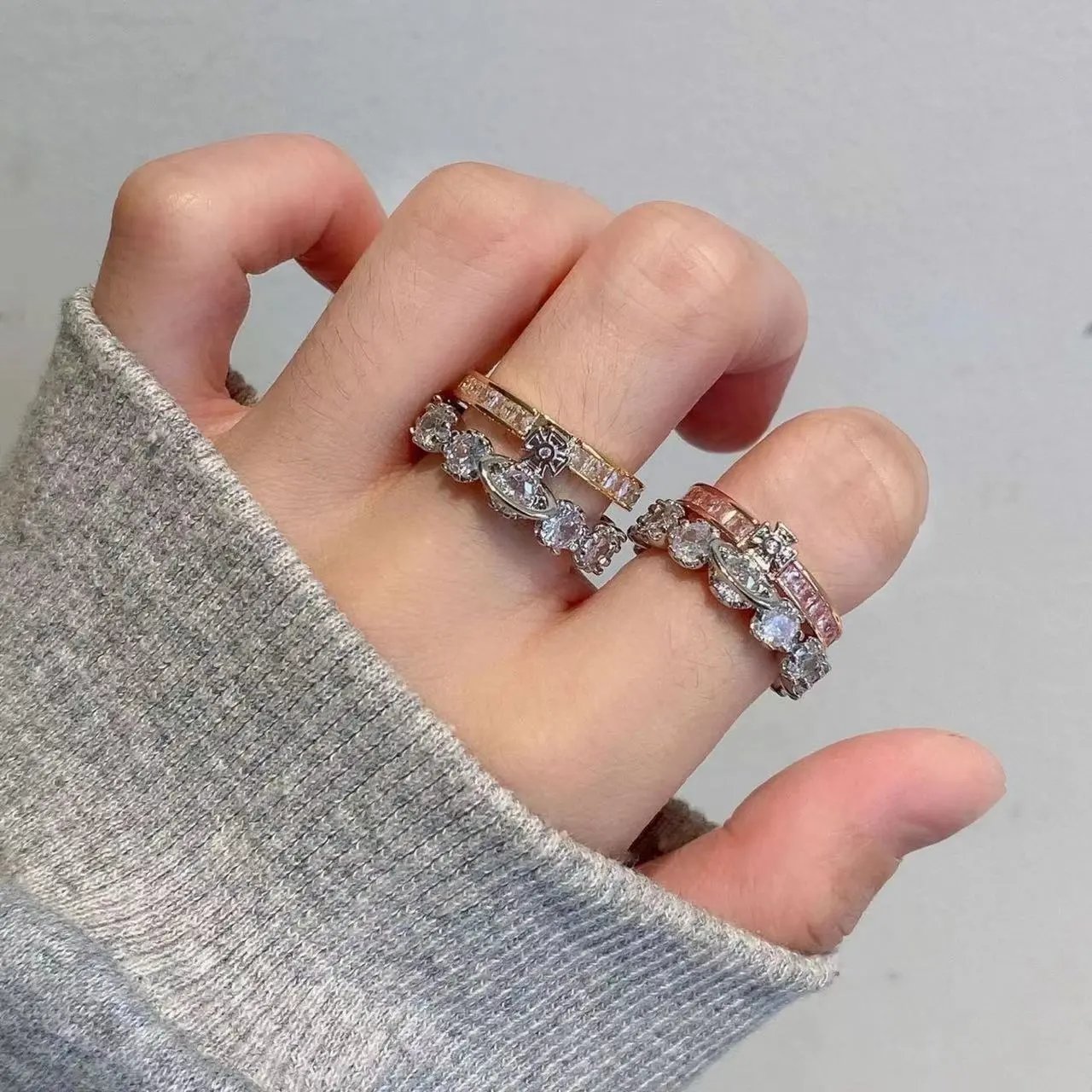 Crystal-Embellished Stackable Ring Set Silver Rose Gold Yellow Gold Vintage