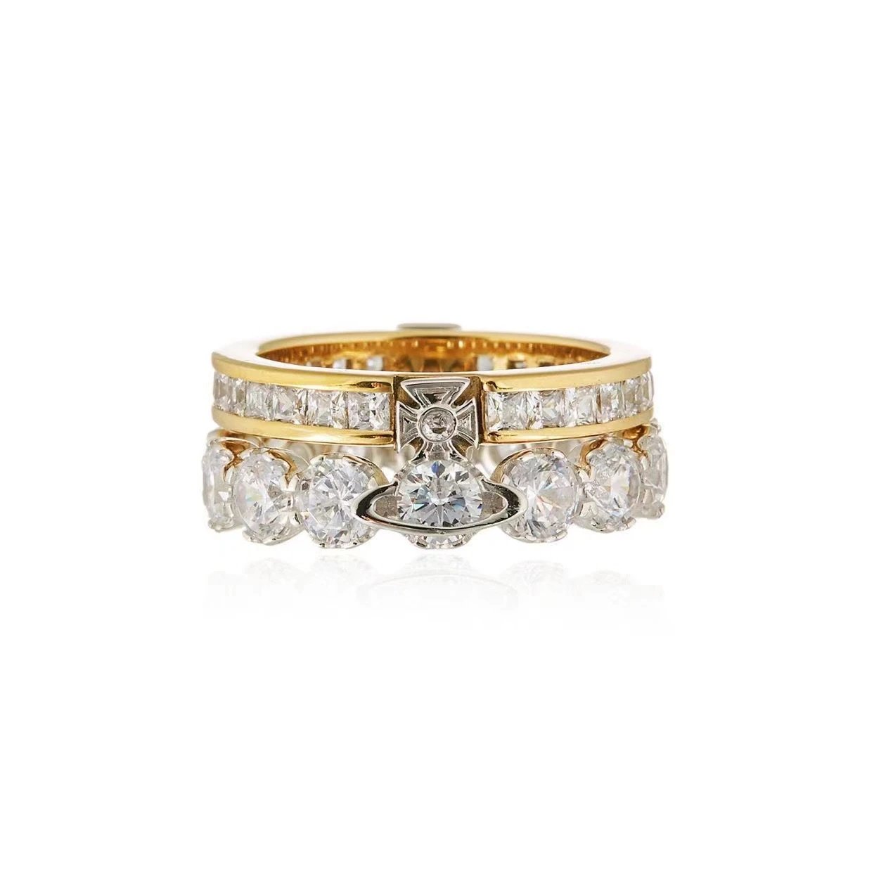 Crystal-Embellished Stackable Ring Set Silver Rose Gold Yellow Gold Vintage