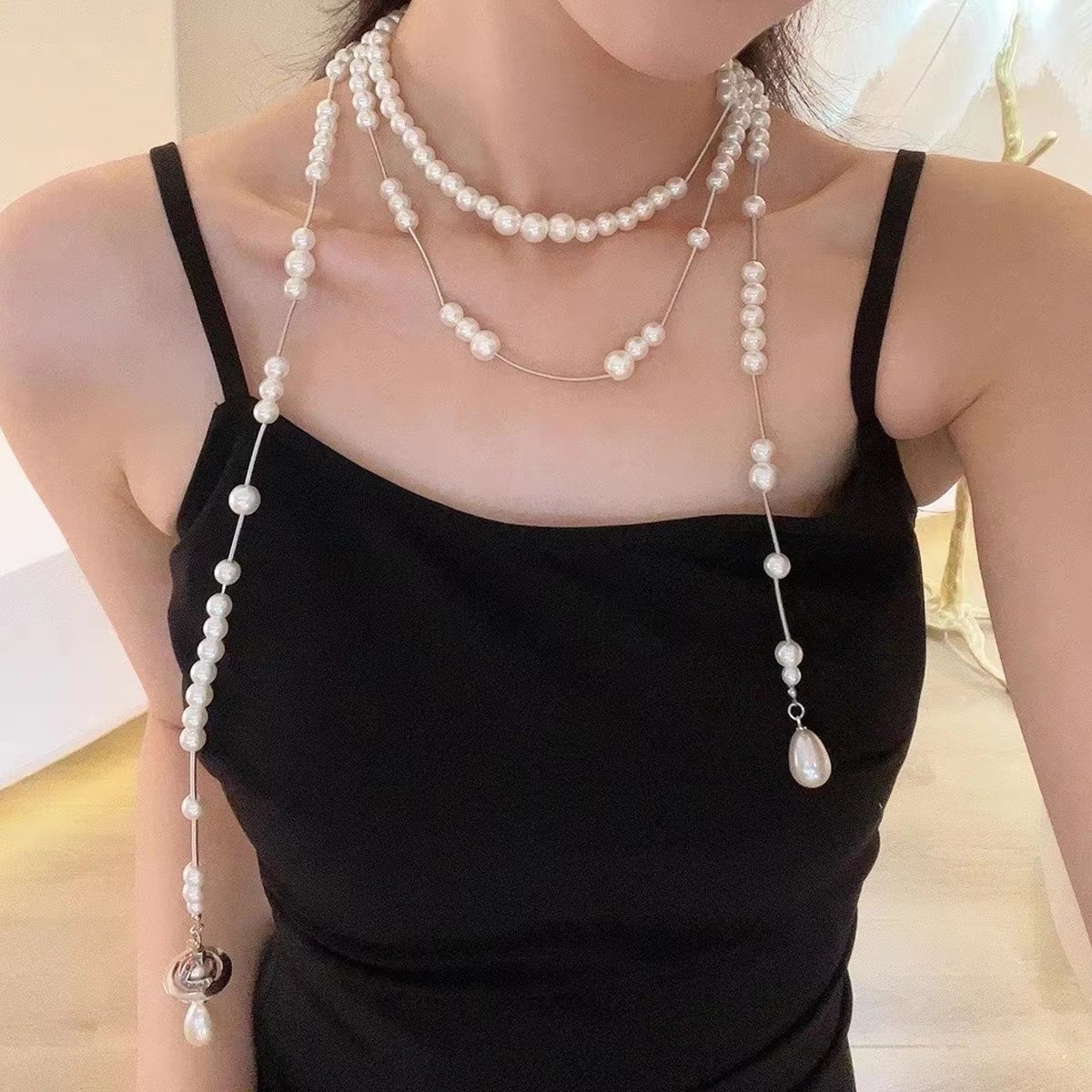 Pearl Layered Gold-Tone Chain Necklace White Elegant