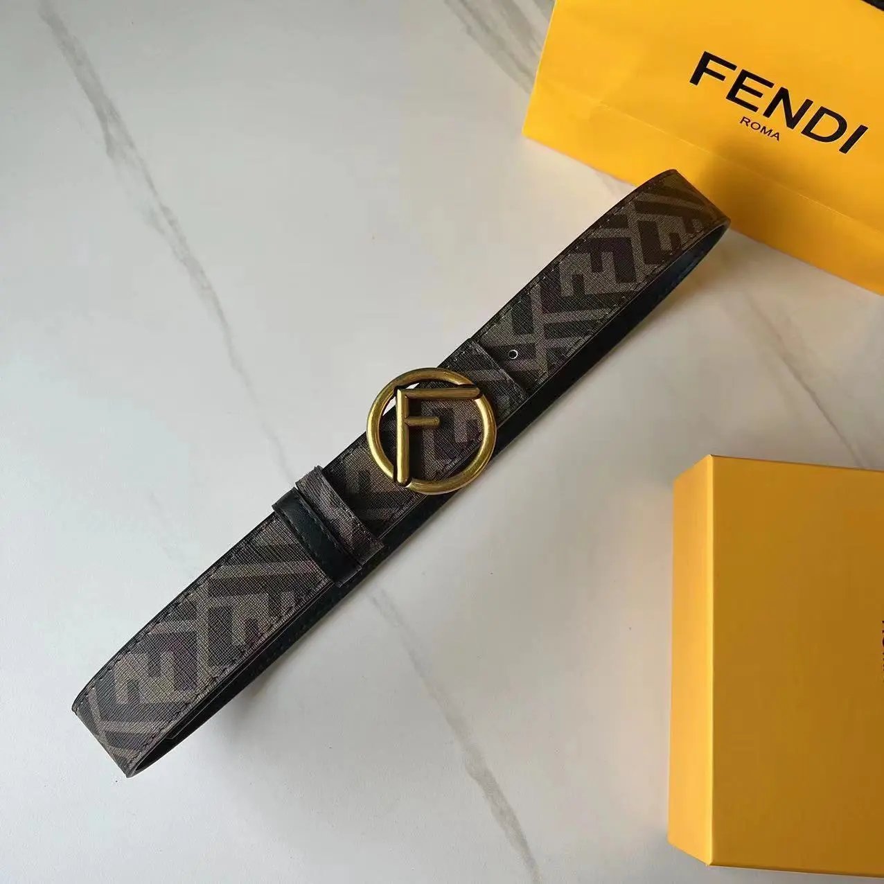 Fendi Belts FF Monogram Double-F Buckle Belt — Coffee-colored round antique gold buckle
