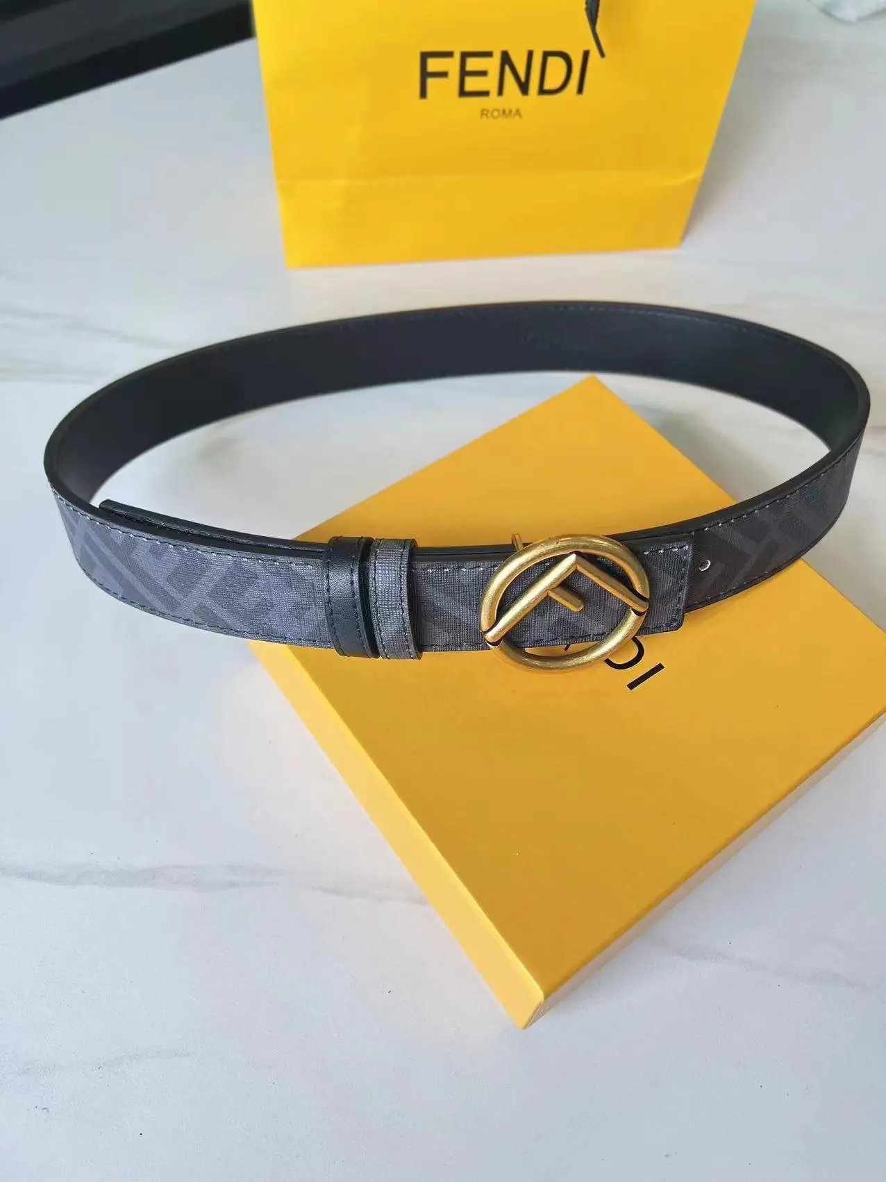 Fendi Belts FF Monogram Double-F Buckle Belt — Black-flower round ancient gold buckle