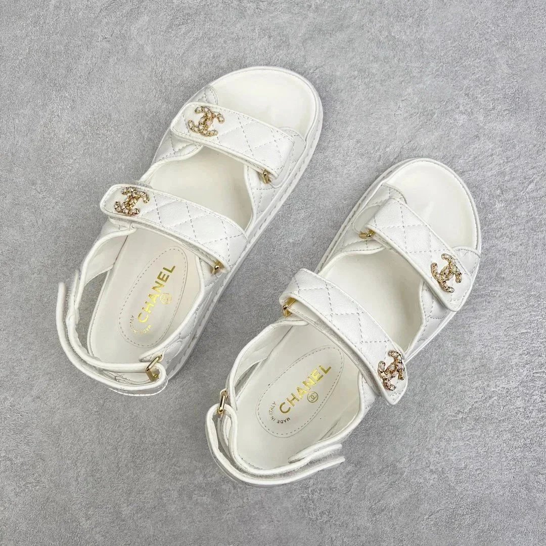 Chanel CC Logo White Quilted Leather Sandals
