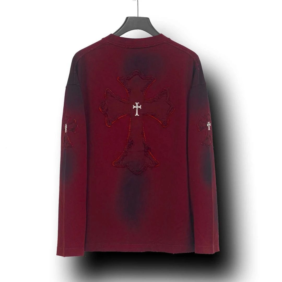 Chrome Hearts Burgundy Embroidered Cross Long Sleeve T-Shirt