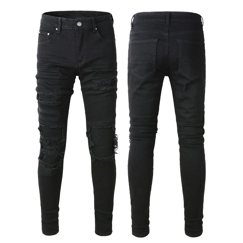 Denim Jeans Distressed Star Print Paint Splatter Ripped Slim Fit