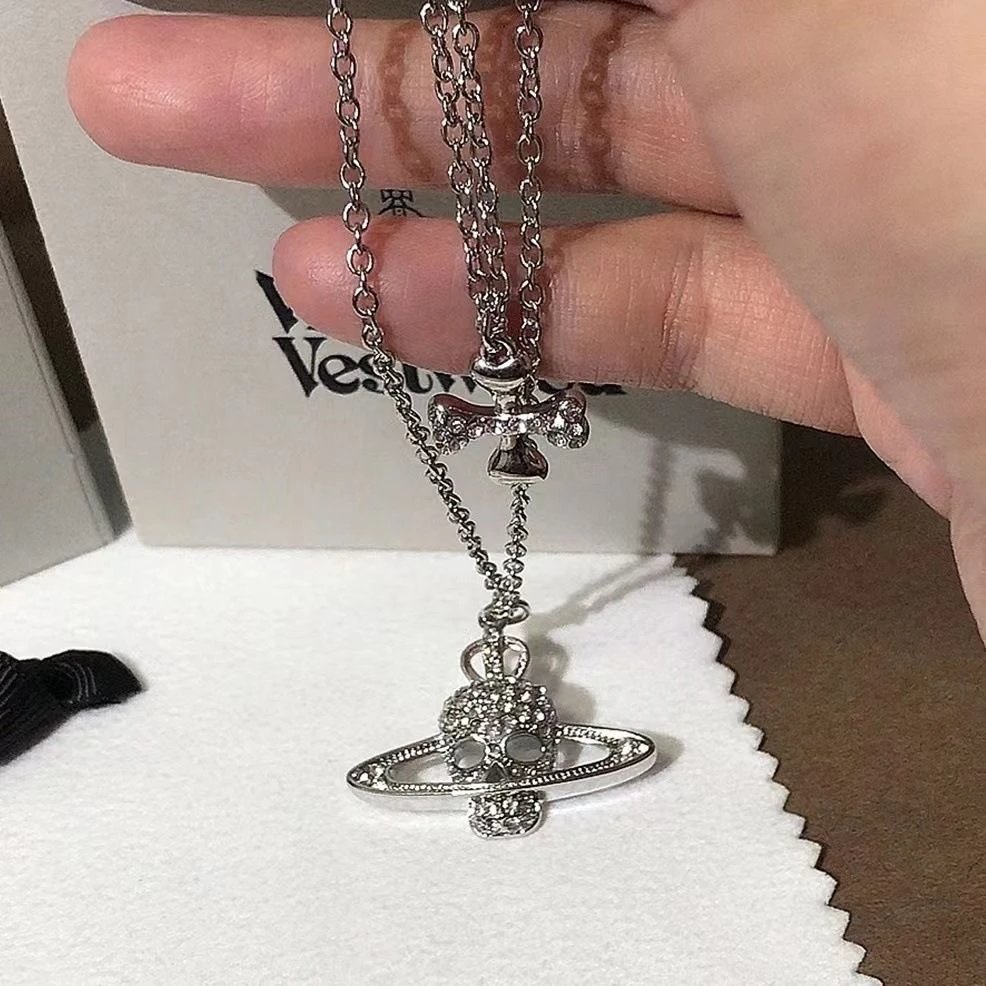Vivienne Westwood Orb Silver Rhinestone Skull Pendant Necklace