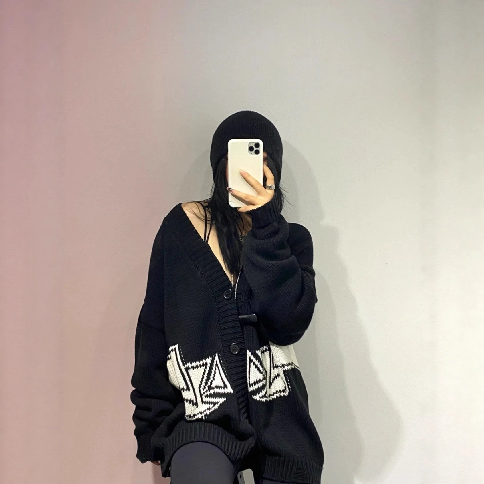 Black Knit Cardigan With White Graphic Pattern Oversized Style