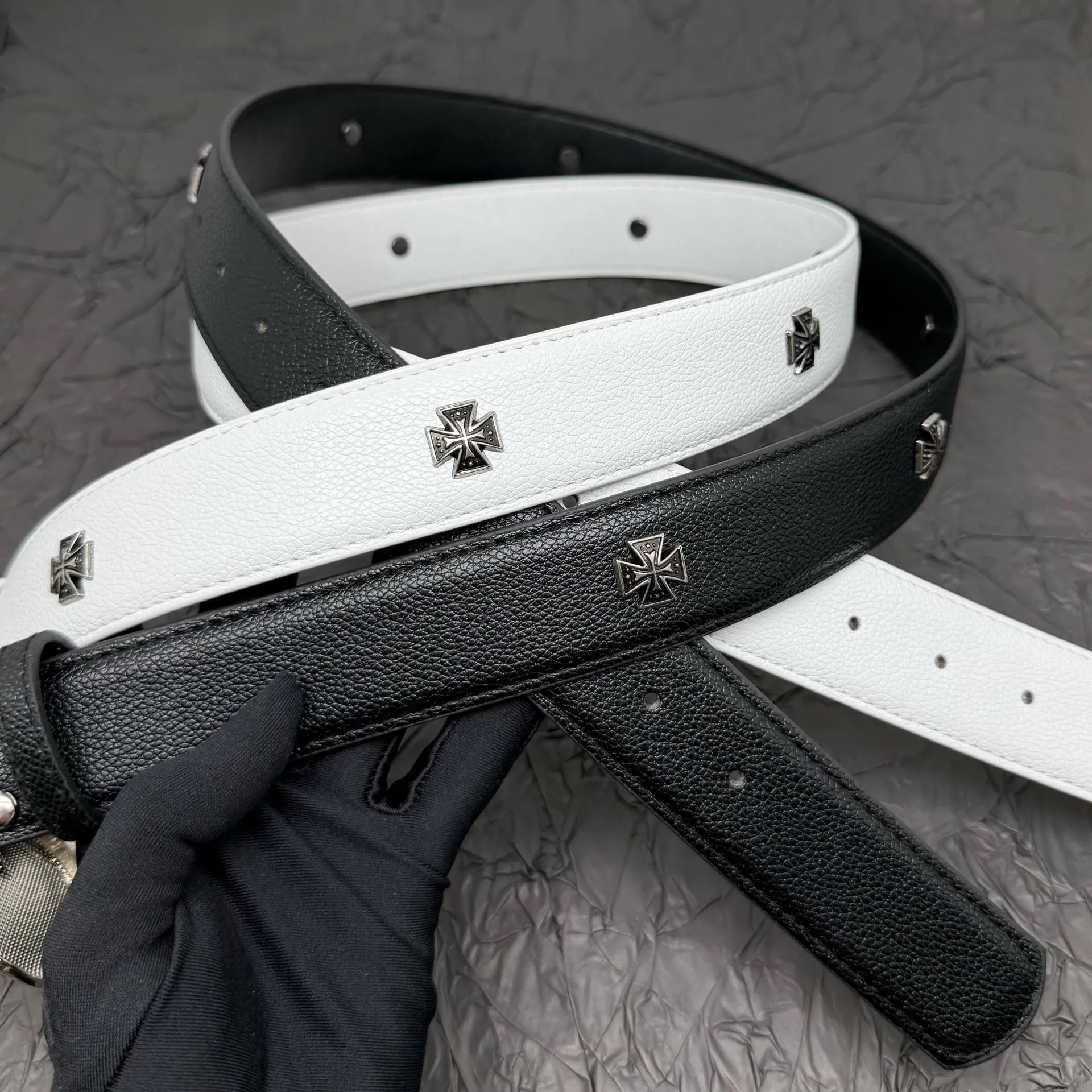 Chrome Hearts Belt Black White Leather Punk Style