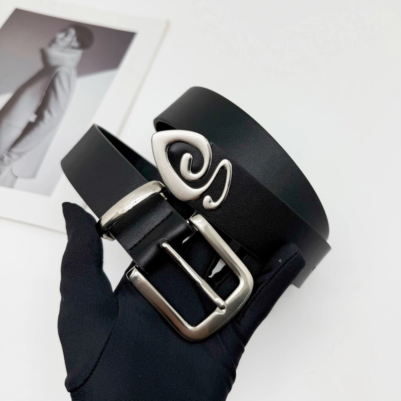 White Leather Belt with Silver Swirl Buckle Classic Style