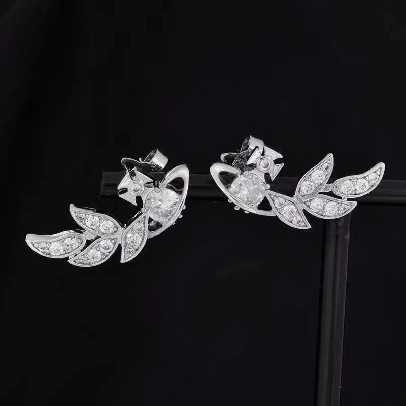 Silver Leaf Design Crystal Stud Earrings