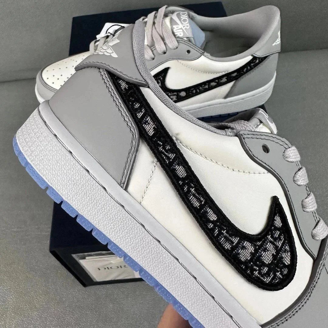 Dior X Nike Air Jordan 1 Grey White Oblique Pattern High Top Sneakers