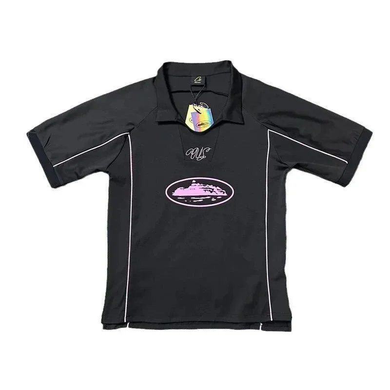 Black Performance Polo Shirt with Pink Graphic Logo and White Trim