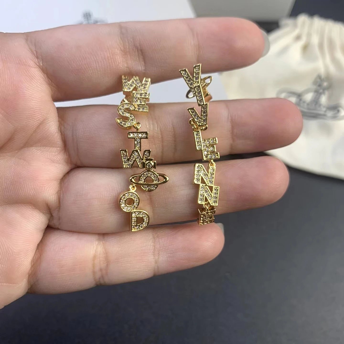 Crystal Letter Yves Saint Laurent Silver Rhinestone Dangle Earrings