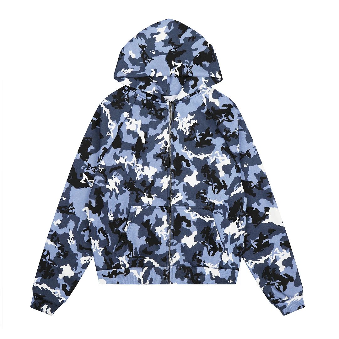 Camouflage Print Blue White Black Zip-Up Hoodie