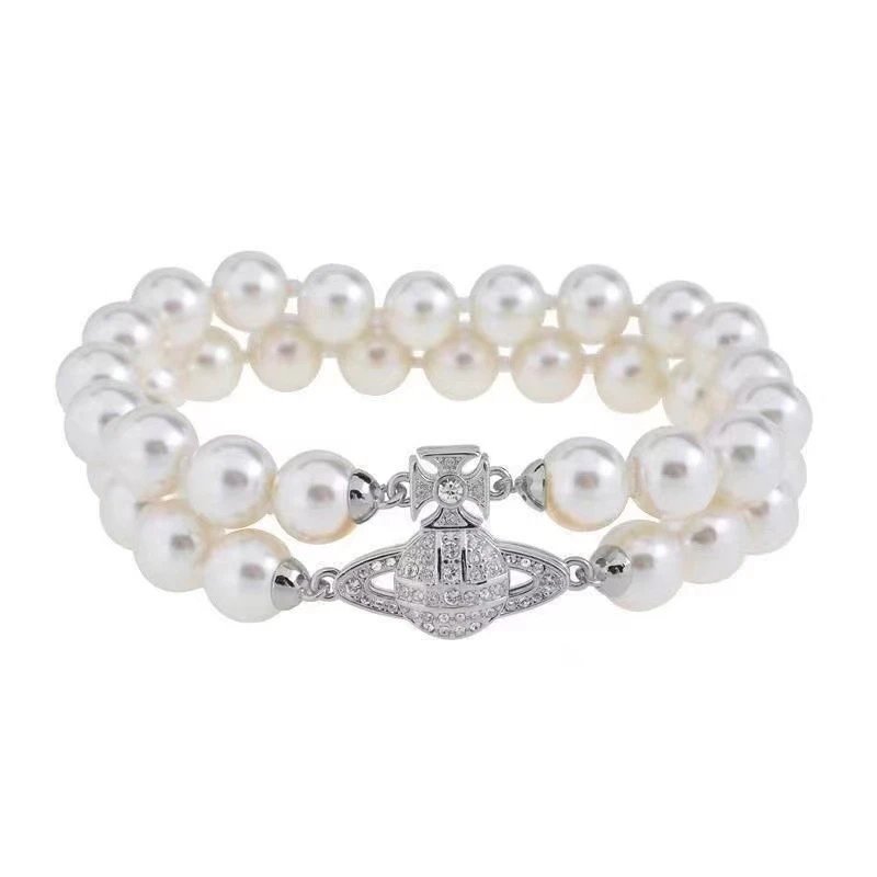 Pearl Beaded Gold Tone Crystal Charm Bracelet