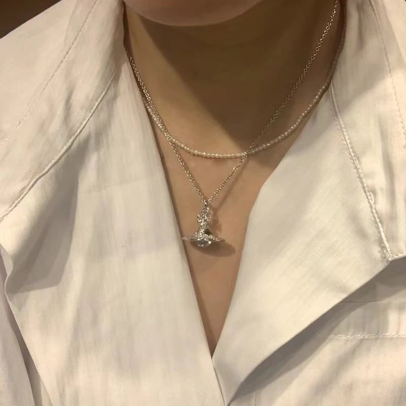 Vivienne Westwood Orb Silver Crystal Pendant Layered Necklace