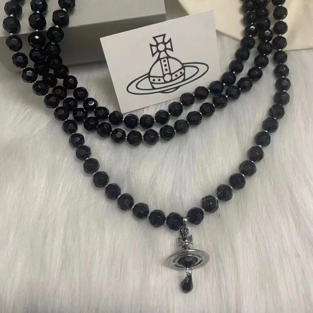Vivienne Westwood Orb Black Faceted Bead Layered Necklace