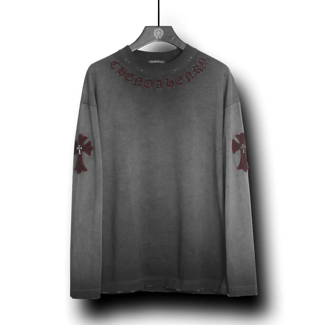Chrome Hearts Burgundy Embroidered Cross Long Sleeve T-Shirt