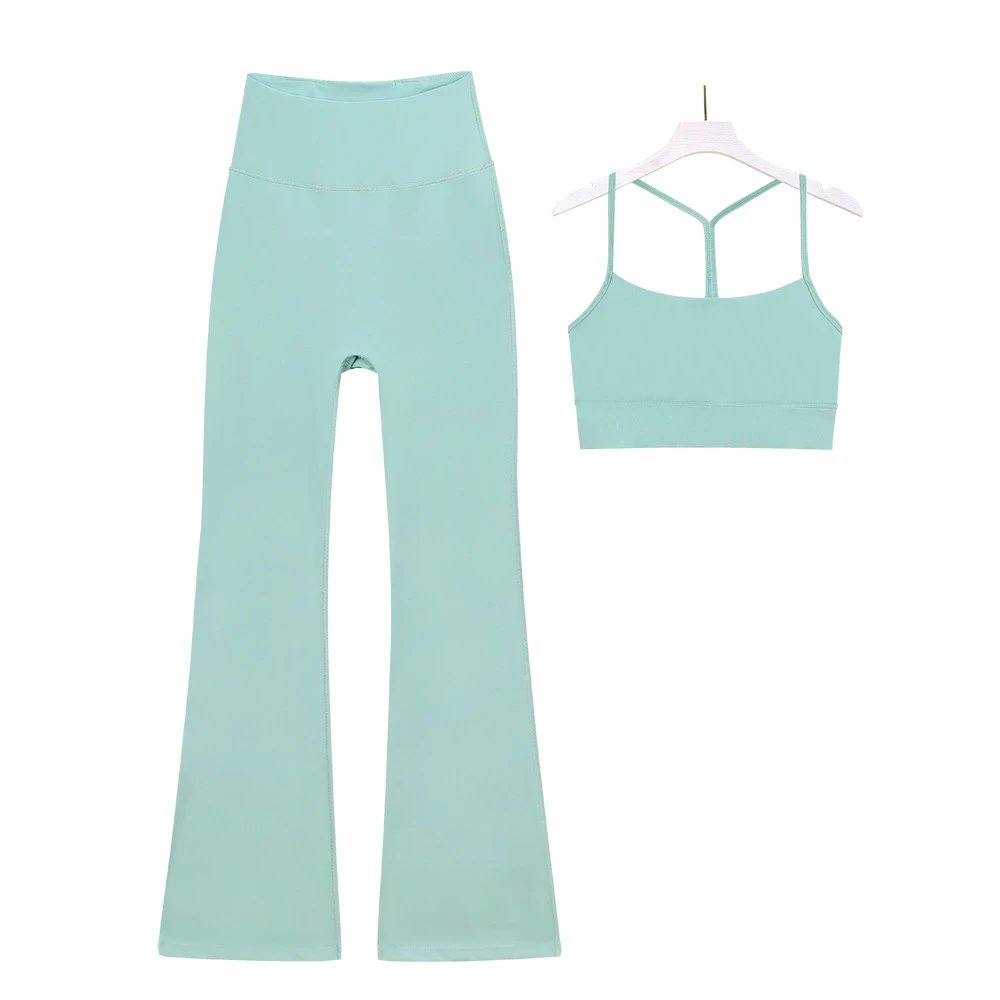Blue High-Waisted Flared Yoga Leggings and Strappy Sports Bra Set
