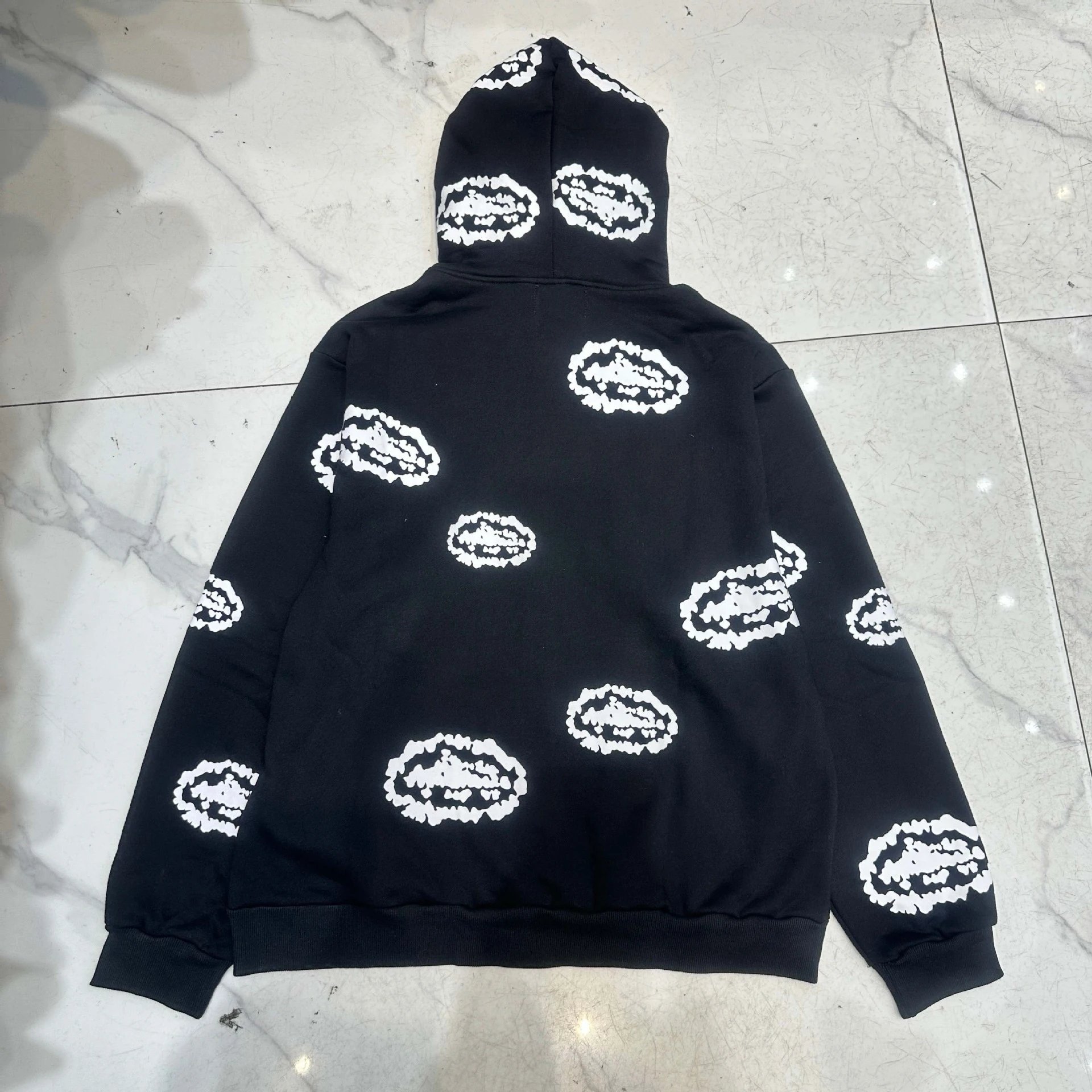 Black Full Zip Hoodie With White Cloud Print Streetwear