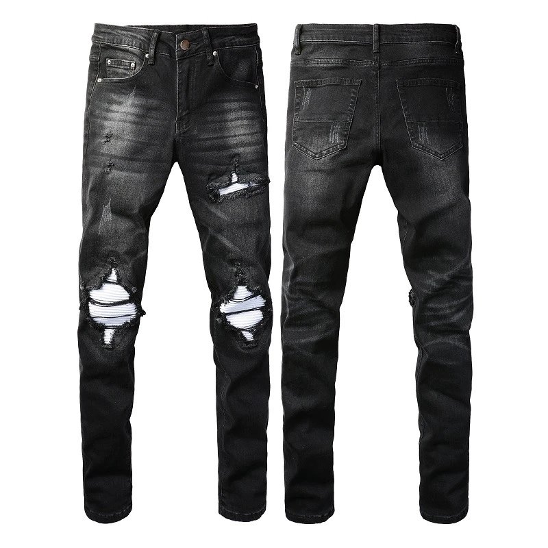 Denim Jeans Distressed Star Print Paint Splatter Ripped Slim Fit