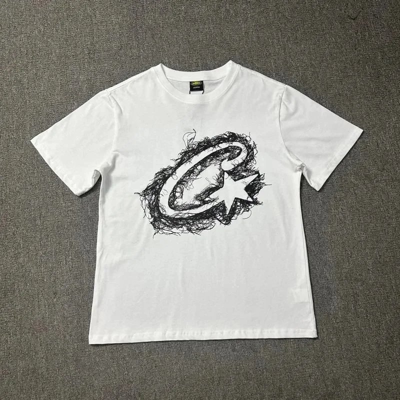 White Cotton T-Shirt with Black Scribble Star Logo Graphic Tee