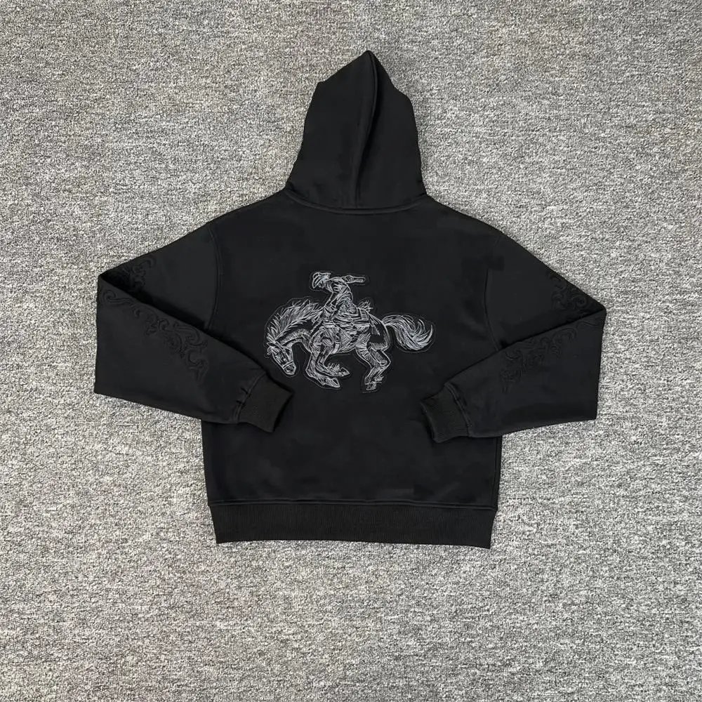 Black Hooded Sweatshirt With Embroidered Horse Rider Motif Streetwear