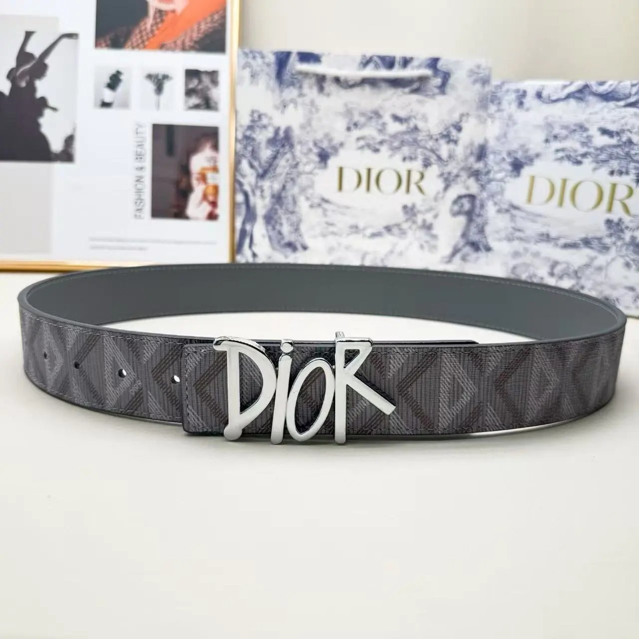 Dior Belts Oblique-pattern belt with logo buckle — Gray printed DR silver buckle