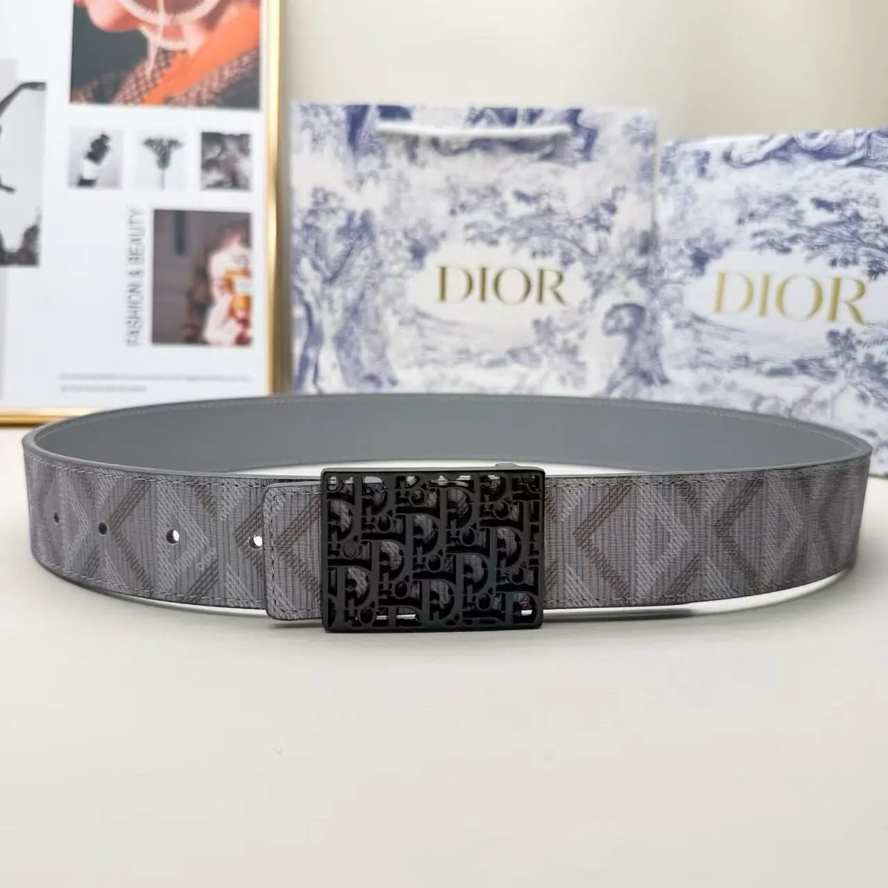 Dior Belts Oblique-pattern belt with logo buckle — Gray printed square DR with black buckle