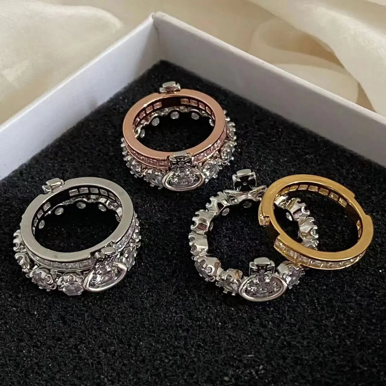 Crystal-Embellished Stackable Ring Set Silver Rose Gold Yellow Gold Vintage
