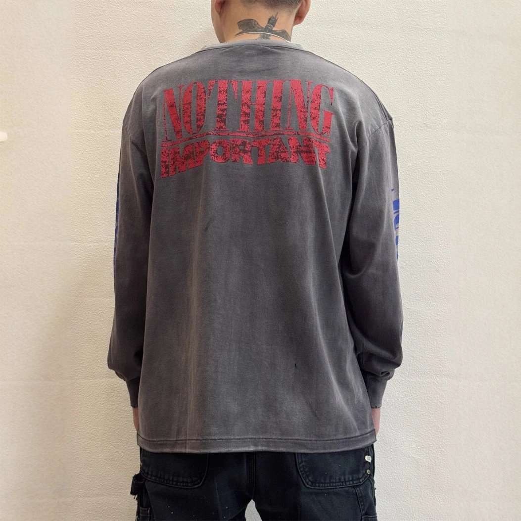 Graphic Long Sleeve Gray Distressed Oversized T-Shirt