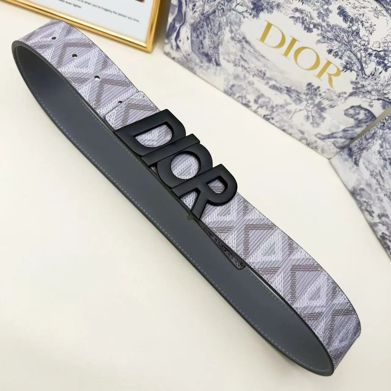 Dior Belts Oblique-pattern belt with logo buckle — Gray printed long DR with black buttons