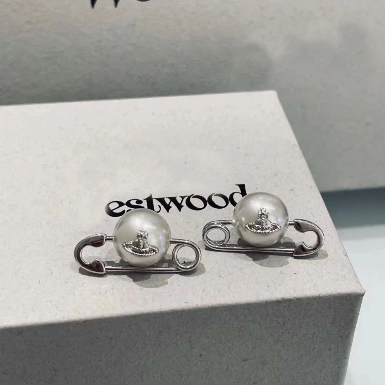Vivienne Westwood Pearl Silver Safety Pin Earrings