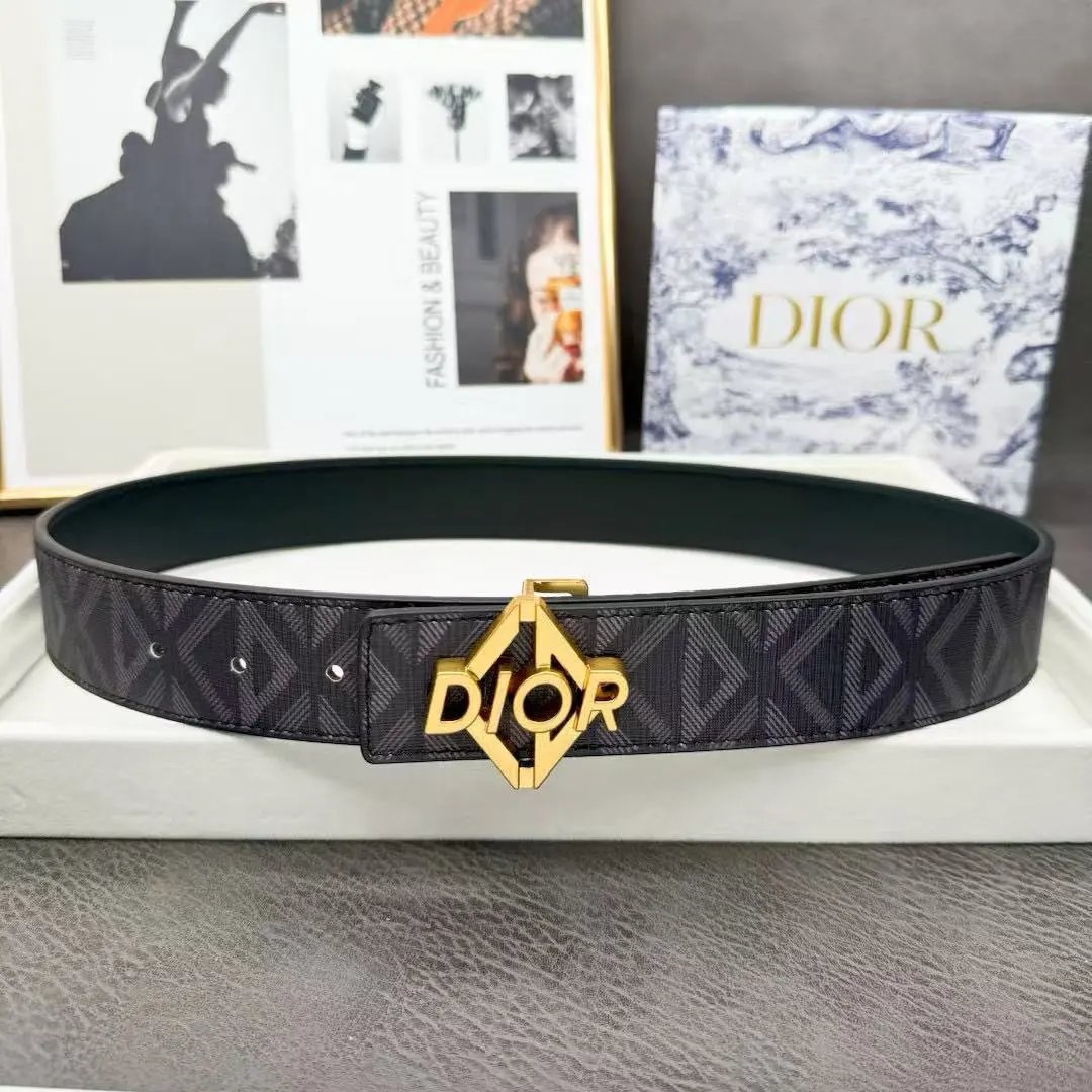 Dior Belts Oblique-pattern belt with logo buckle — Black-printed triangle DR antique gold buckle
