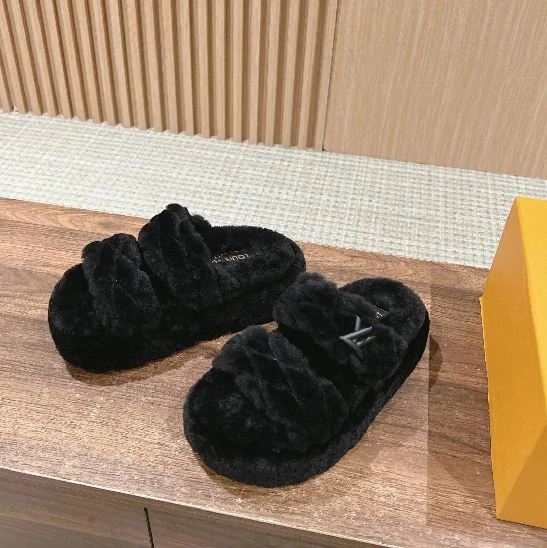 Louis Vuitton Slippers Fur braided double-strap slide with LV hardware — black double belt