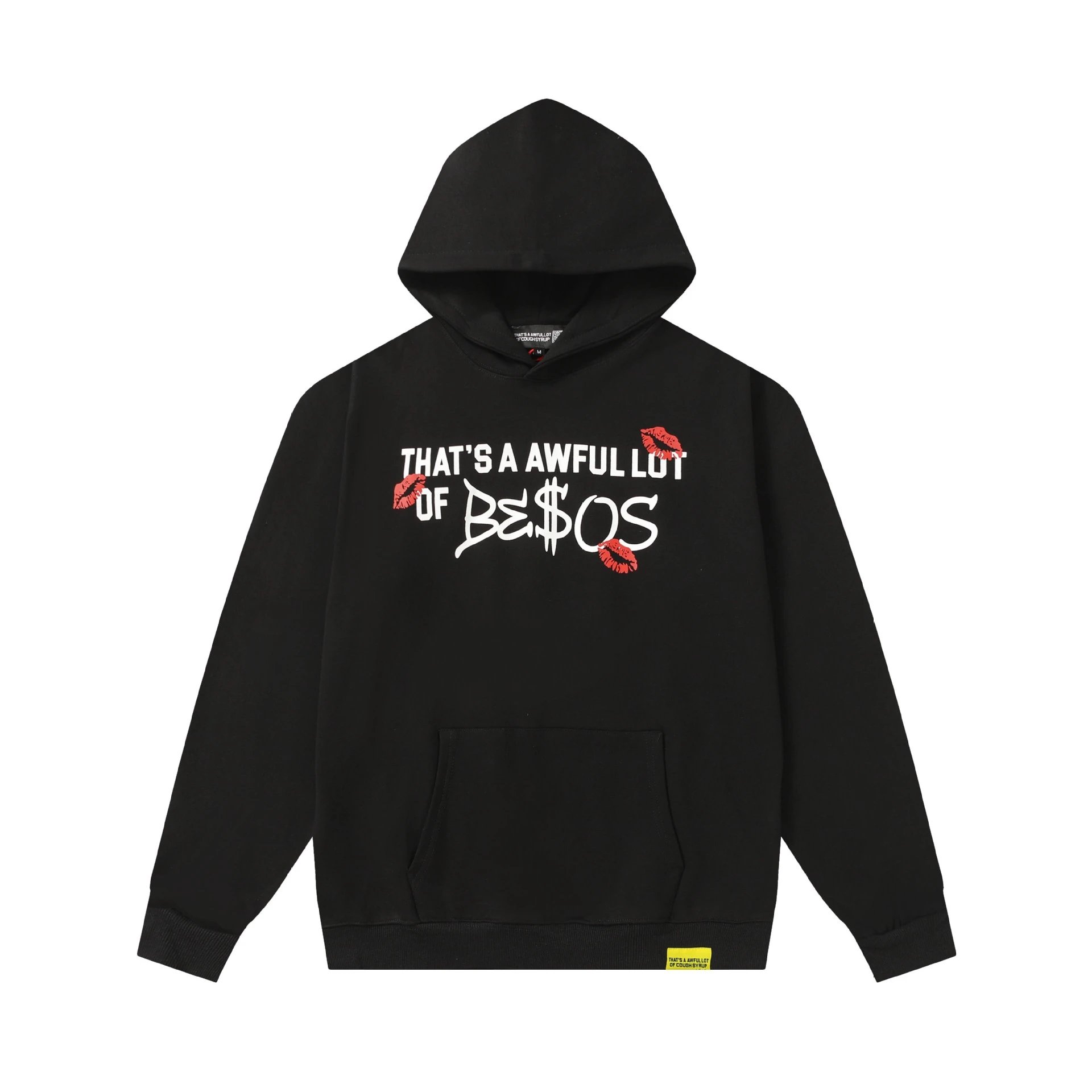Black Graphic Hoodie With Red Lip Print And Text Statement