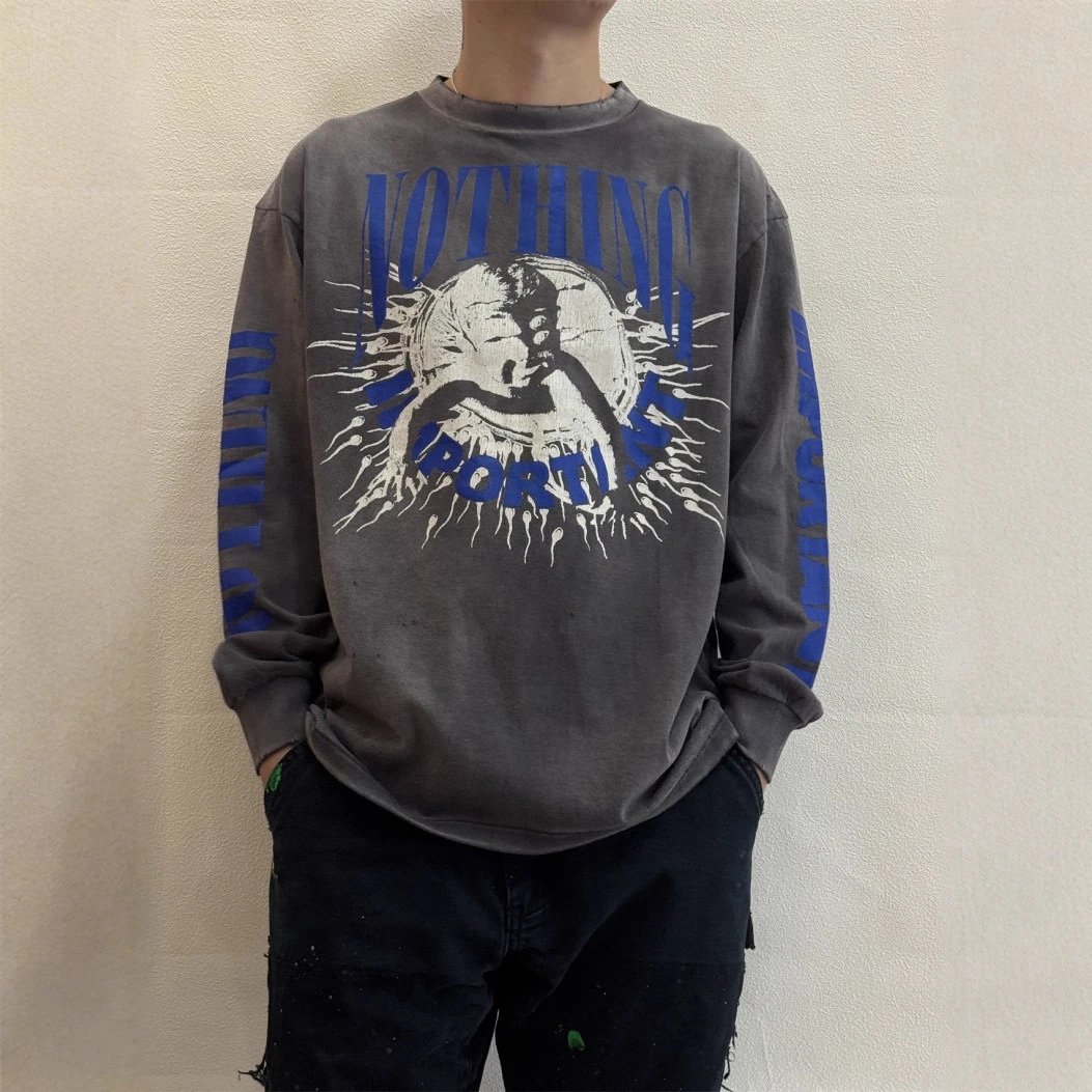 Graphic Long Sleeve Gray Distressed Oversized T-Shirt