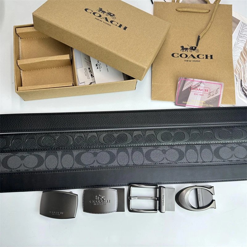 Coach Signature Black Leather Belt with Interchangeable Buckles
