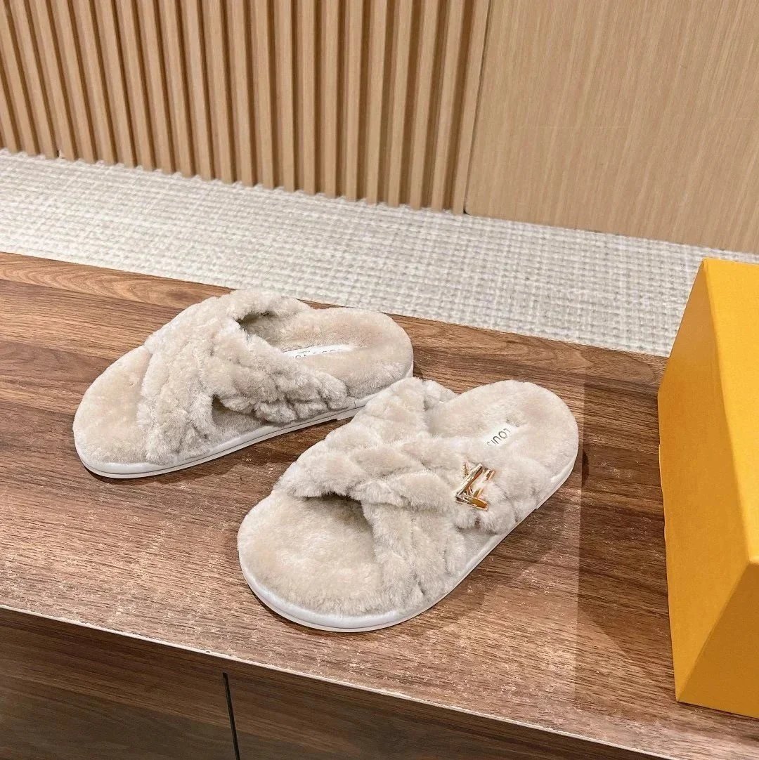 Louis Vuitton Slippers Fur braided double-strap slide with LV hardware — gray